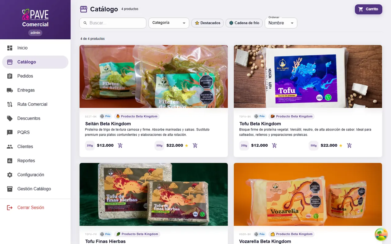 Captura de Módulo Comercial: Catálogo de productos