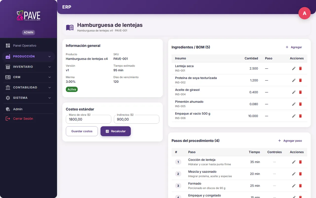 Captura de ERP PAVE: Receta con insumos y costeo