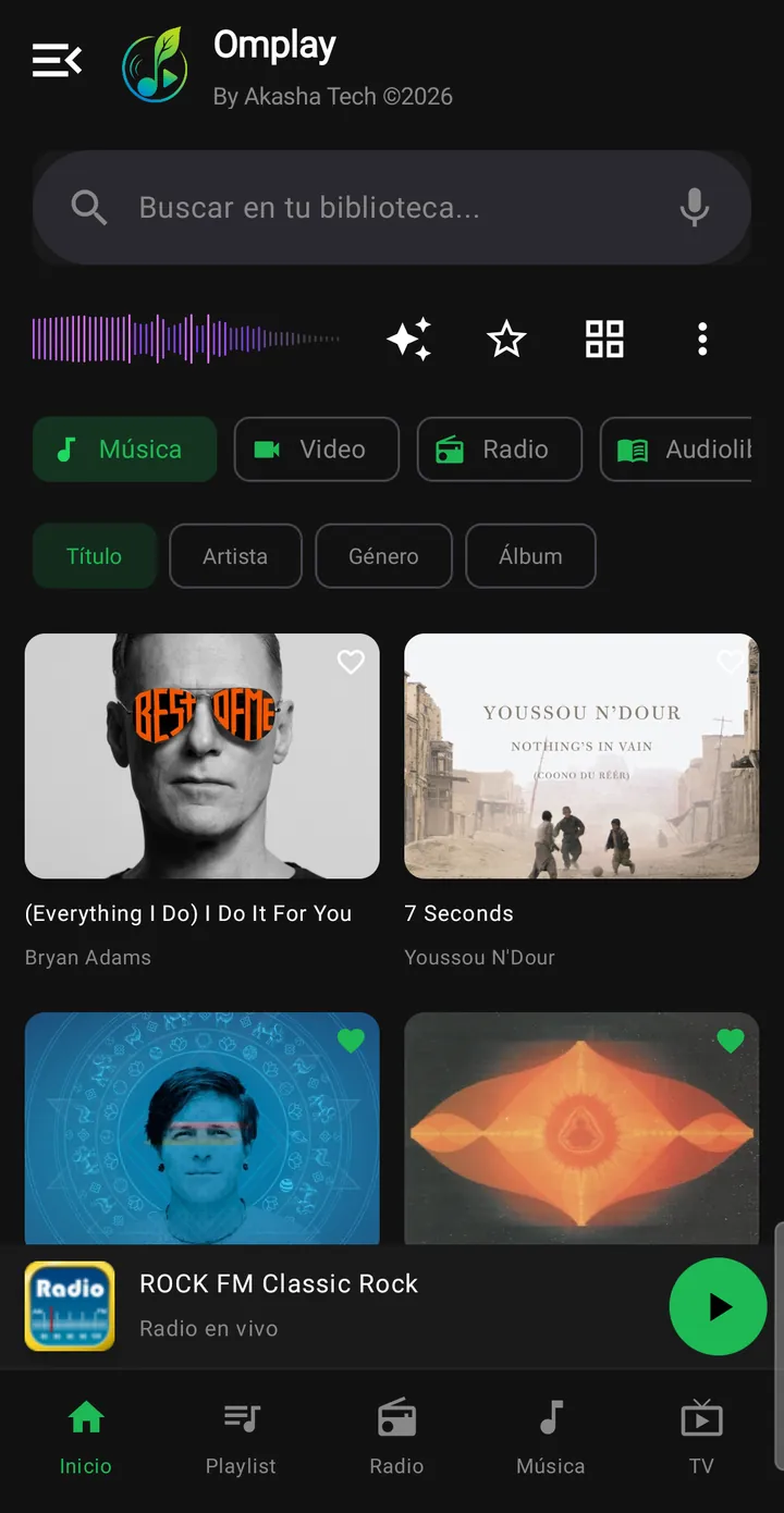 Captura de Omplay: inicio con biblioteca de música